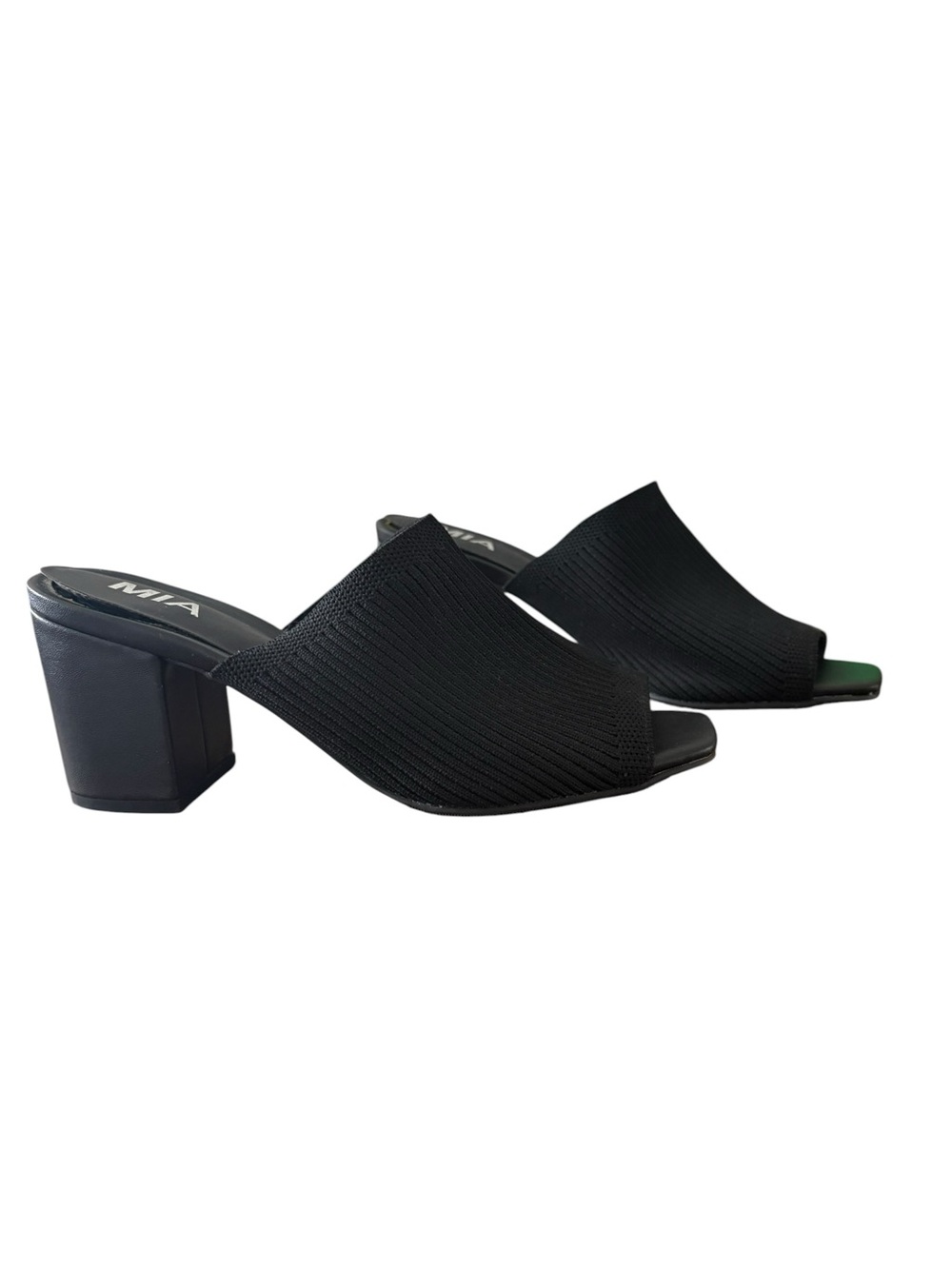 MIA Florina black knit square-toe block heel mules